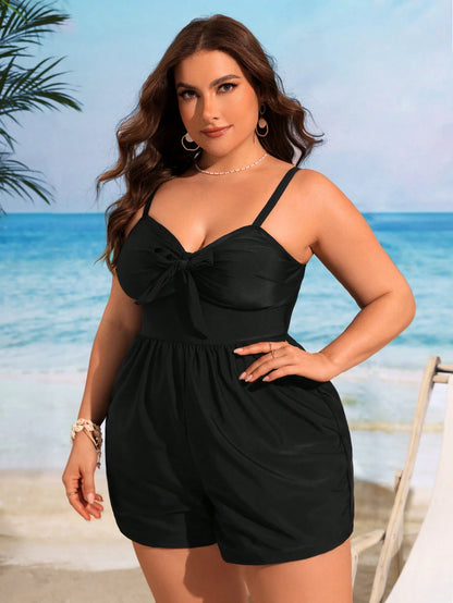 Swim Lushoire Plus Size Women's Solid Color Front Knot Casual One-Piece Swimsuit With Shorts For Beach Vacation,Summer Beach