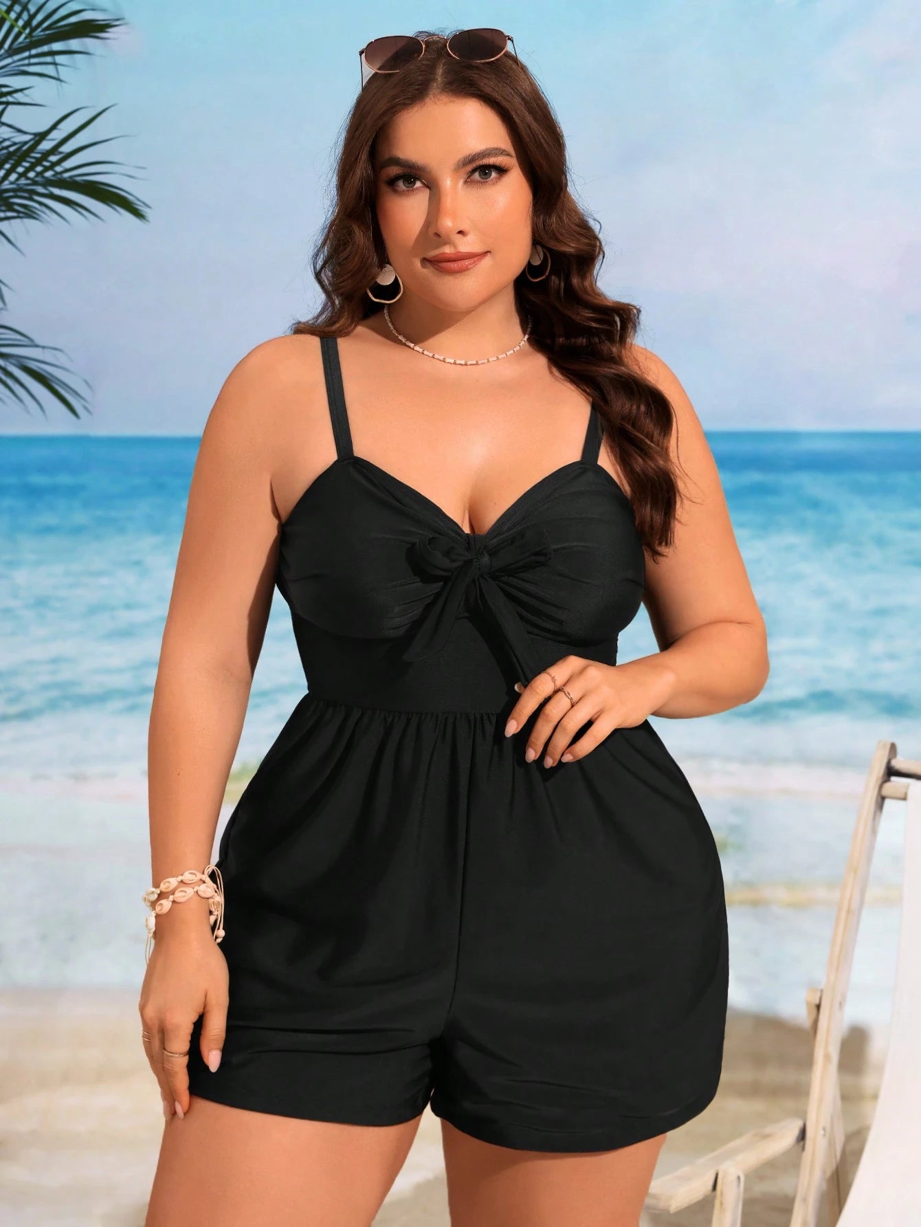 Swim Lushoire Plus Size Women's Solid Color Front Knot Casual One-Piece Swimsuit With Shorts For Beach Vacation,Summer Beach