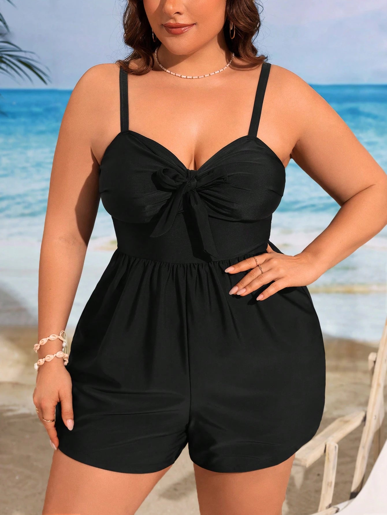 Swim Lushoire Plus Size Women's Solid Color Front Knot Casual One-Piece Swimsuit With Shorts For Beach Vacation,Summer Beach
