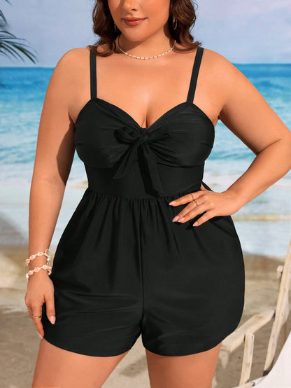 Swim Lushoire Plus Size Women's Solid Color Front Knot Casual One-Piece Swimsuit With Shorts For Beach Vacation,Summer Beach