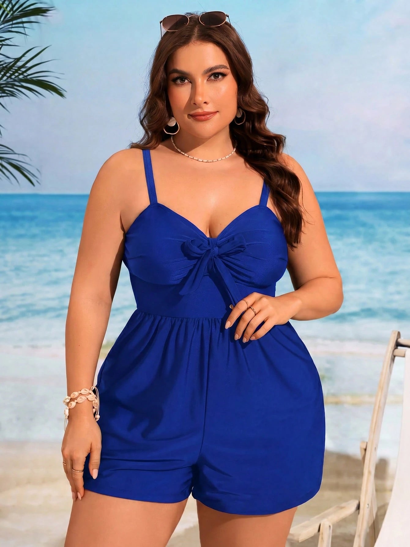 Swim Lushoire Plus Size Women's Solid Color Front Knot Casual One-Piece Swimsuit With Shorts For Beach Vacation,Summer Beach