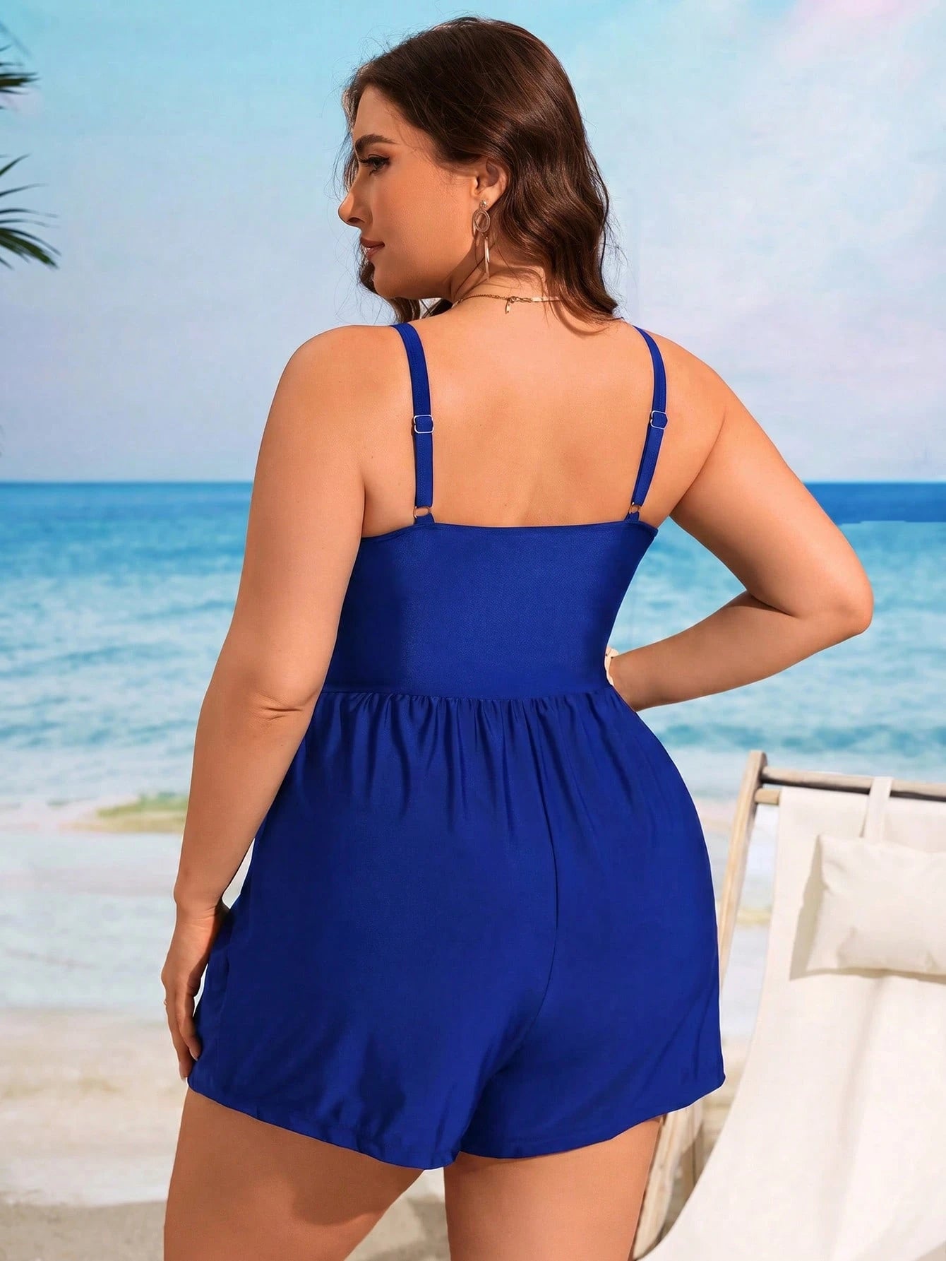 Swim Lushoire Plus Size Women's Solid Color Front Knot Casual One-Piece Swimsuit With Shorts For Beach Vacation,Summer Beach