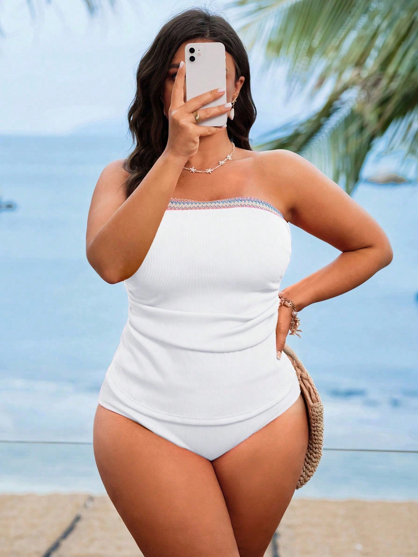 Swim Lushoire Plus Size Women's White Halter Split Swimwear, High-End Patchwork Slimming Beach Vacation Summer