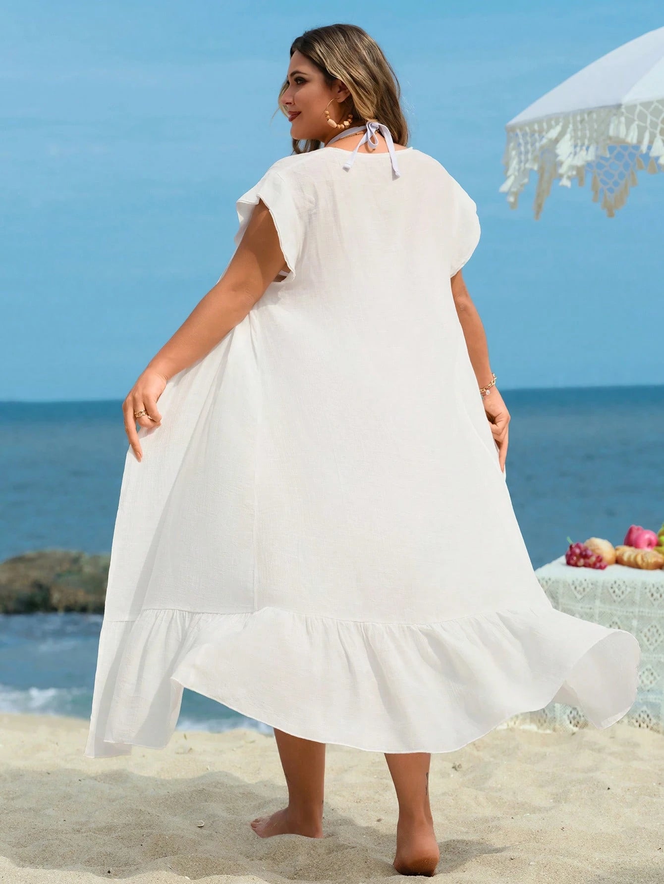 Swim Lushoire Plus Size Women Self-Tie Waist Sexy Casual Beach Kimono Cardigan For Summer Beach Vacation