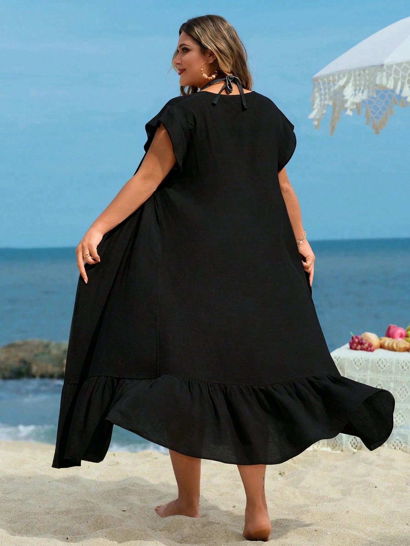 Swim Lushoire Plus Size Women Self-Tie Waist Sexy Casual Beach Kimono Cardigan For Summer Beach Vacation