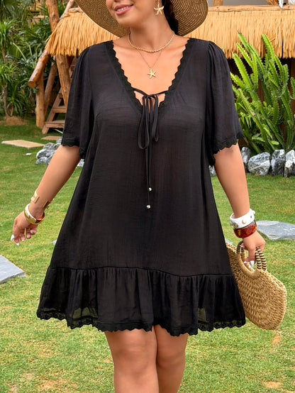 Swim Lushoire Plus Size Women Short Sleeve Casual Beach Mini Dress