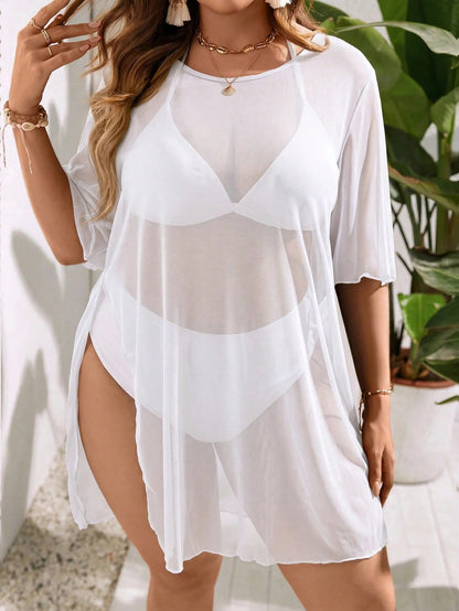 Swim Lushoire Plus Size Women Solid Color Round Neck Casual Holiday Cover-Up Dress Beach Summer