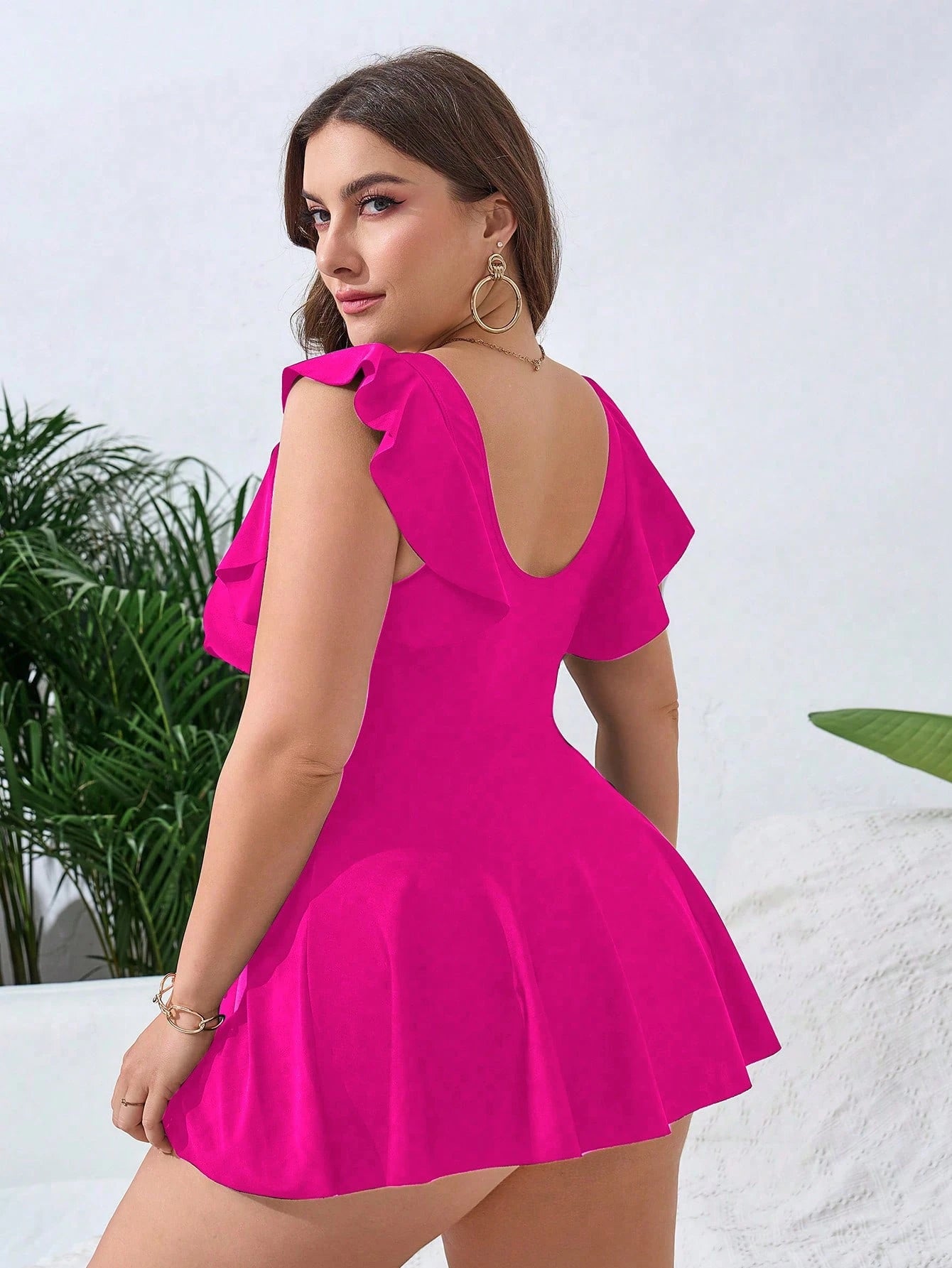 Swim Lushoire Plus Size Women Solid Color Ruched Casual Beach Dress