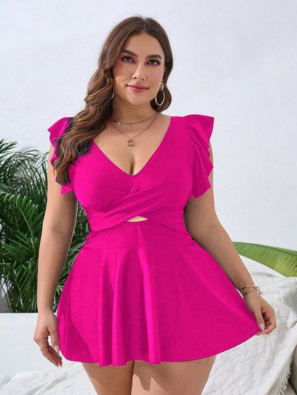 Swim Lushoire Plus Size Women Solid Color Ruched Casual Beach Dress