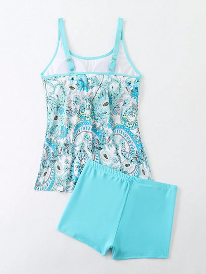 Swim Lushoire Plus Size Women Summer Beach Fashionable Loose Paisley Print Tankini Set