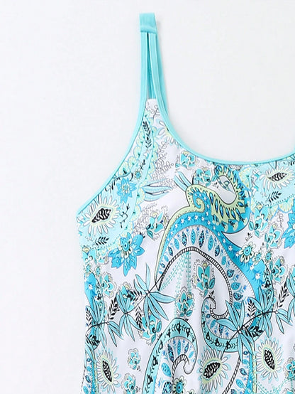 Swim Lushoire Plus Size Women Summer Beach Fashionable Loose Paisley Print Tankini Set