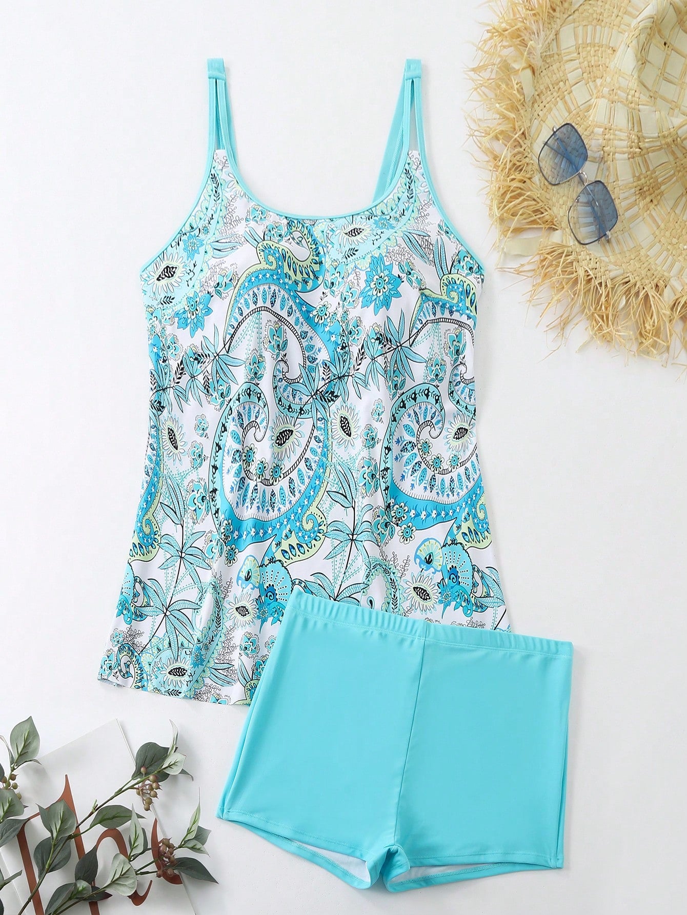 Swim Lushoire Plus Size Women Summer Beach Fashionable Loose Paisley Print Tankini Set