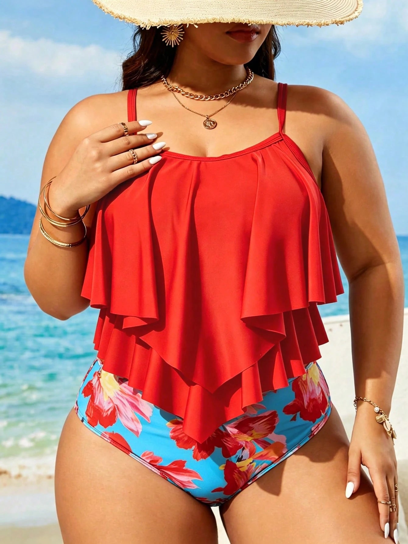 Swim Lushoire Plus Size Women Summer Beach Vacation Ruffle Strap Tankini Swimwear Set