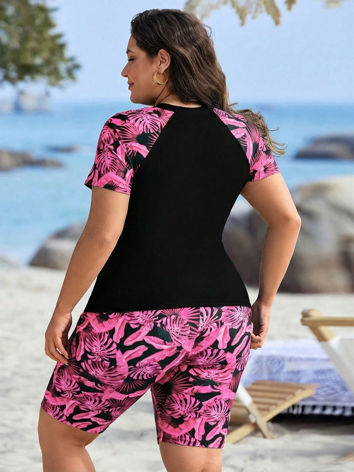 Swim Lushoire Plus Size Women Summer Beach Vacation Tropical Plant Print Tankinis Swimwear
