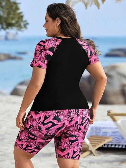 Swim Lushoire Plus Size Women Summer Beach Vacation Tropical Plant Print Tankinis Swimwear