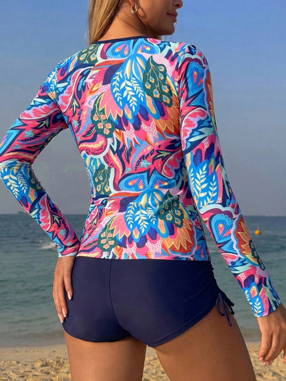 Swim Lushoire Springbreak Women's 2-Piece Surf Suit Swimwear Set, Long Sleeve Top And Boy Shorts, High Elastic Fabric, Botanical Print, Random, Beach Vacation Swimsuit