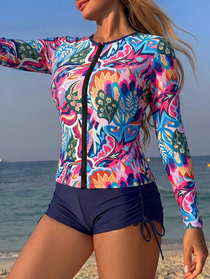 Swim Lushoire Springbreak Women's 2-Piece Surf Suit Swimwear Set, Long Sleeve Top And Boy Shorts, High Elastic Fabric, Botanical Print, Random, Beach Vacation Swimsuit