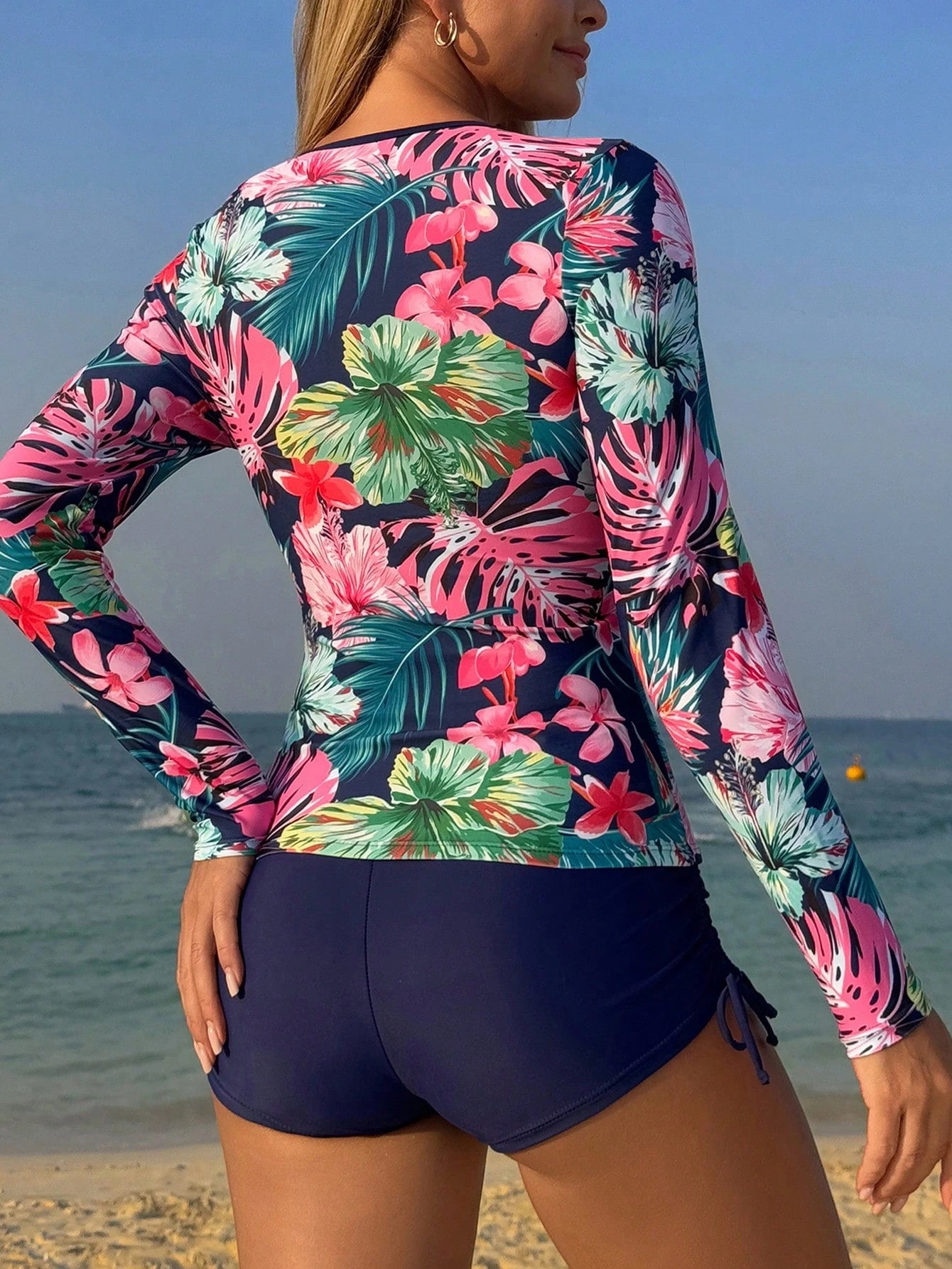 Swim Lushoire Springbreak Women's 2-Piece Surf Suit Swimwear Set, Long Sleeve Top And Boy Shorts, High Elastic Fabric, Botanical Print, Random, Beach Vacation Swimsuit