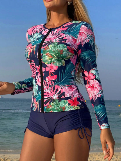Swim Lushoire Springbreak Women's 2-Piece Surf Suit Swimwear Set, Long Sleeve Top And Boy Shorts, High Elastic Fabric, Botanical Print, Random, Beach Vacation Swimsuit