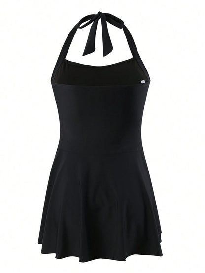 Swim Lushoire Summer Beach Ladies' Basic Black Ruffled Swimsuit Dress Wireless, With Short Leggings Music Festival