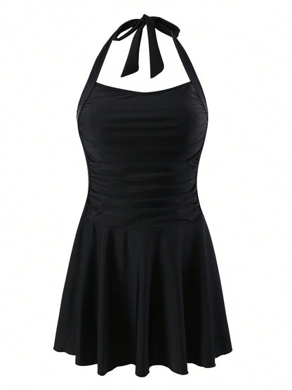 Swim Lushoire Summer Beach Ladies' Basic Black Ruffled Swimsuit Dress Wireless, With Short Leggings Music Festival
