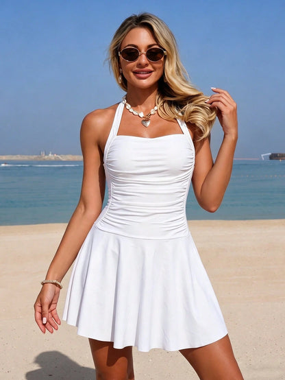 Swim Lushoire Summer Beach Ladies' Basic Black Ruffled Swimsuit Dress Wireless, With Short Leggings Music Festival