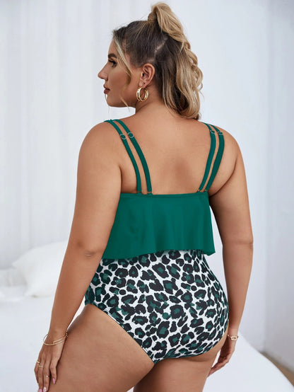 Swim Lushoire Summer Beach Plus Size Leopard Print Ruffle Tankini
