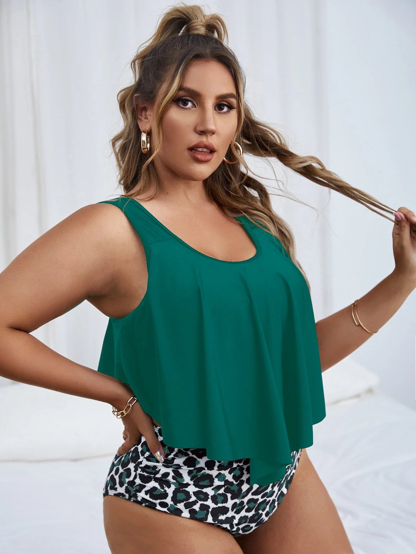 Swim Lushoire Summer Beach Plus Size Leopard Print Ruffle Tankini