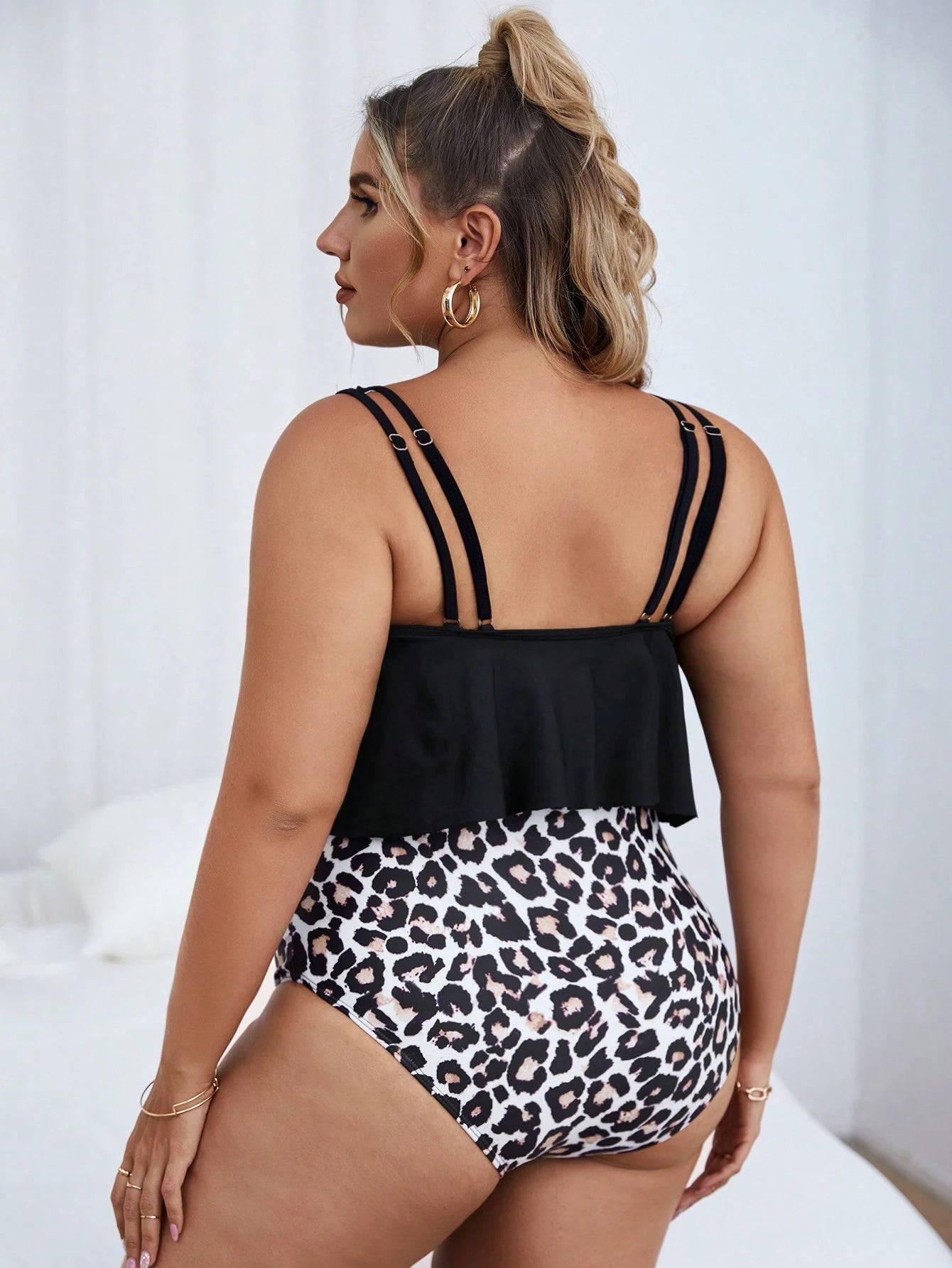 Swim Lushoire Summer Beach Plus Size Leopard Print Ruffle Tankini