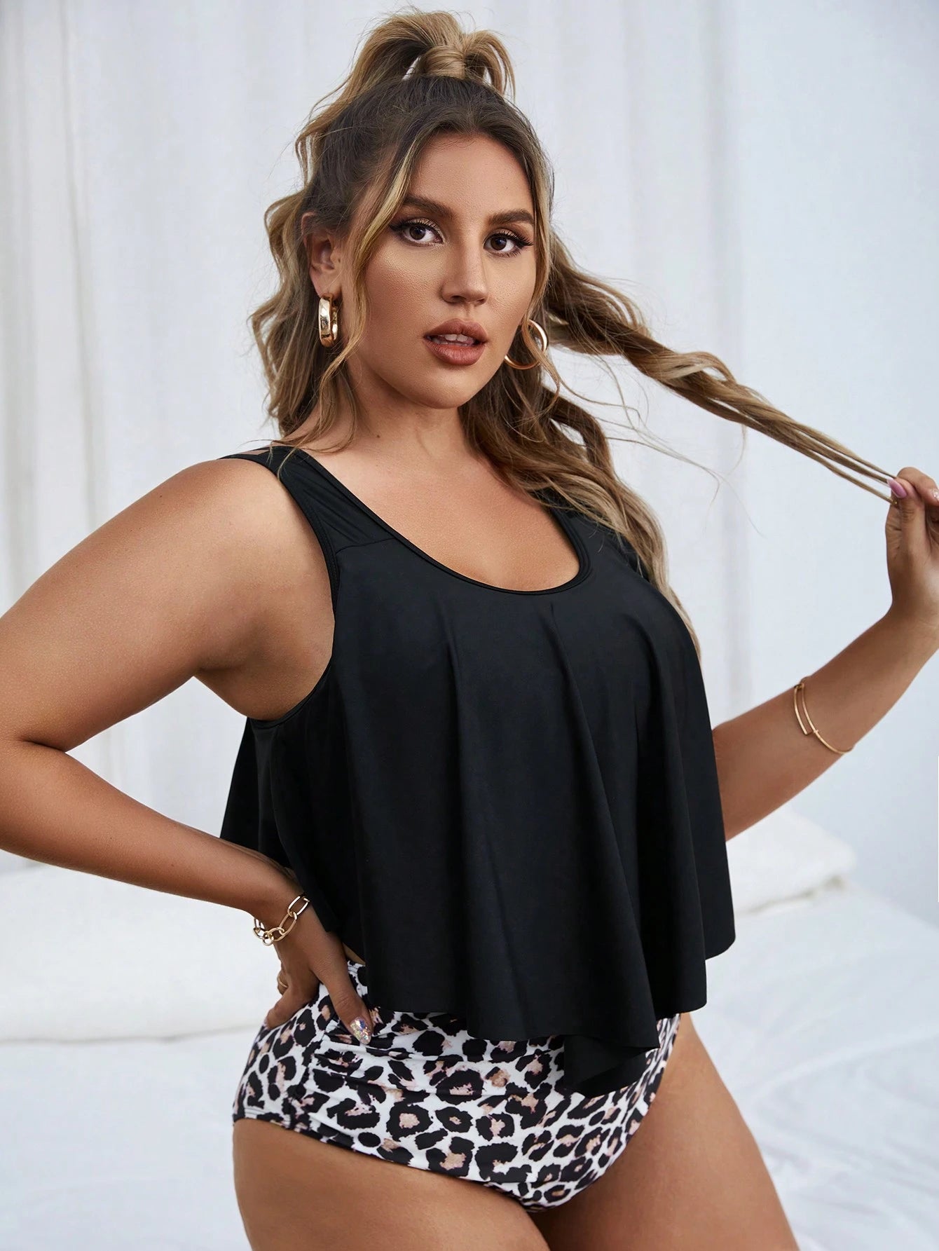 Swim Lushoire Summer Beach Plus Size Leopard Print Ruffle Tankini