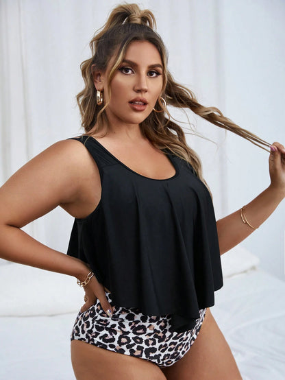 Swim Lushoire Summer Beach Plus Size Leopard Print Ruffle Tankini