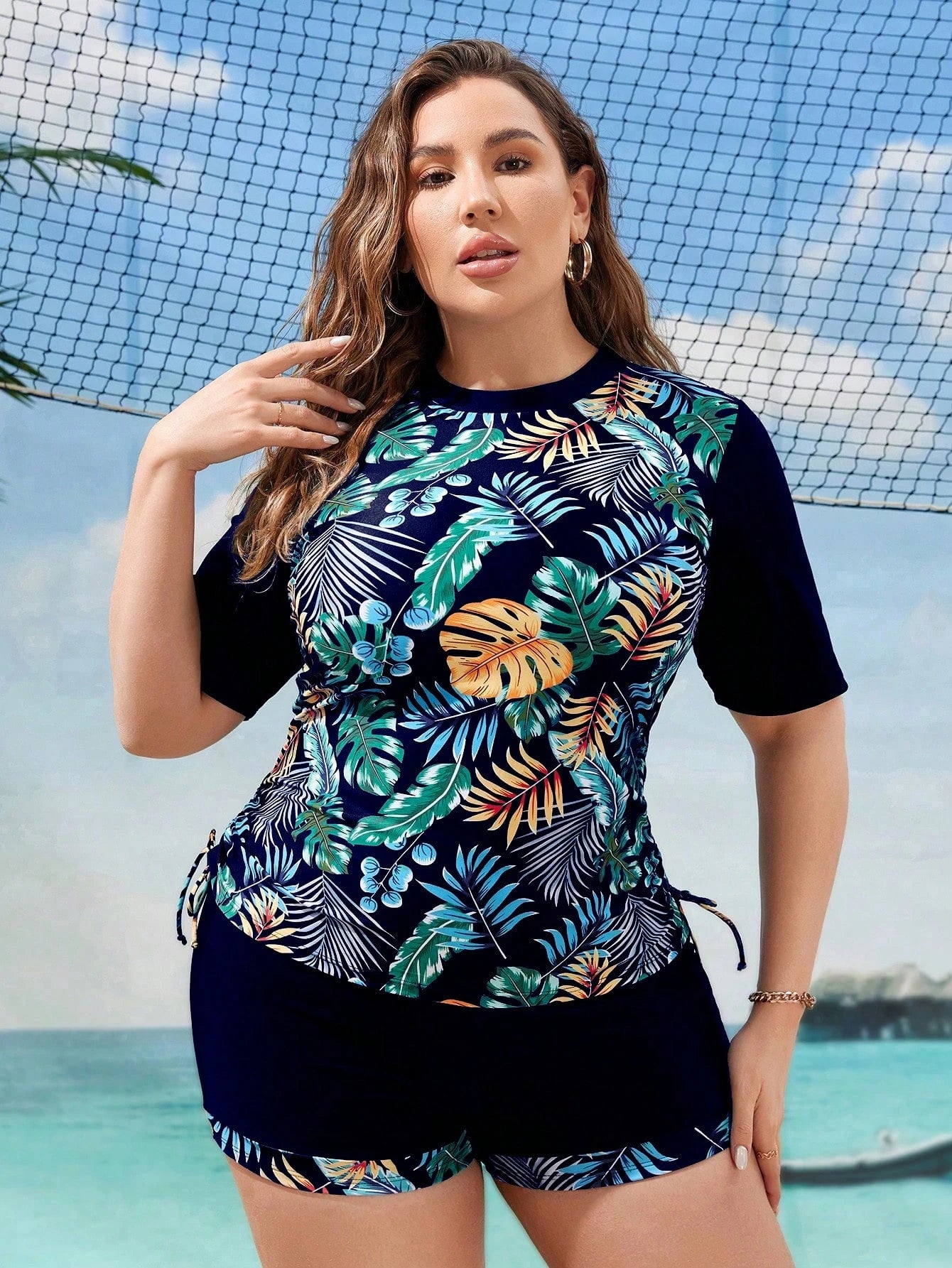 Swim Lushoire Summer Beach Plus Size Women's Botanical Print Short Sleeve T-Shirt And Bikini Bottom Set, Bathing Suit Beach Outfit Vacay Vibe