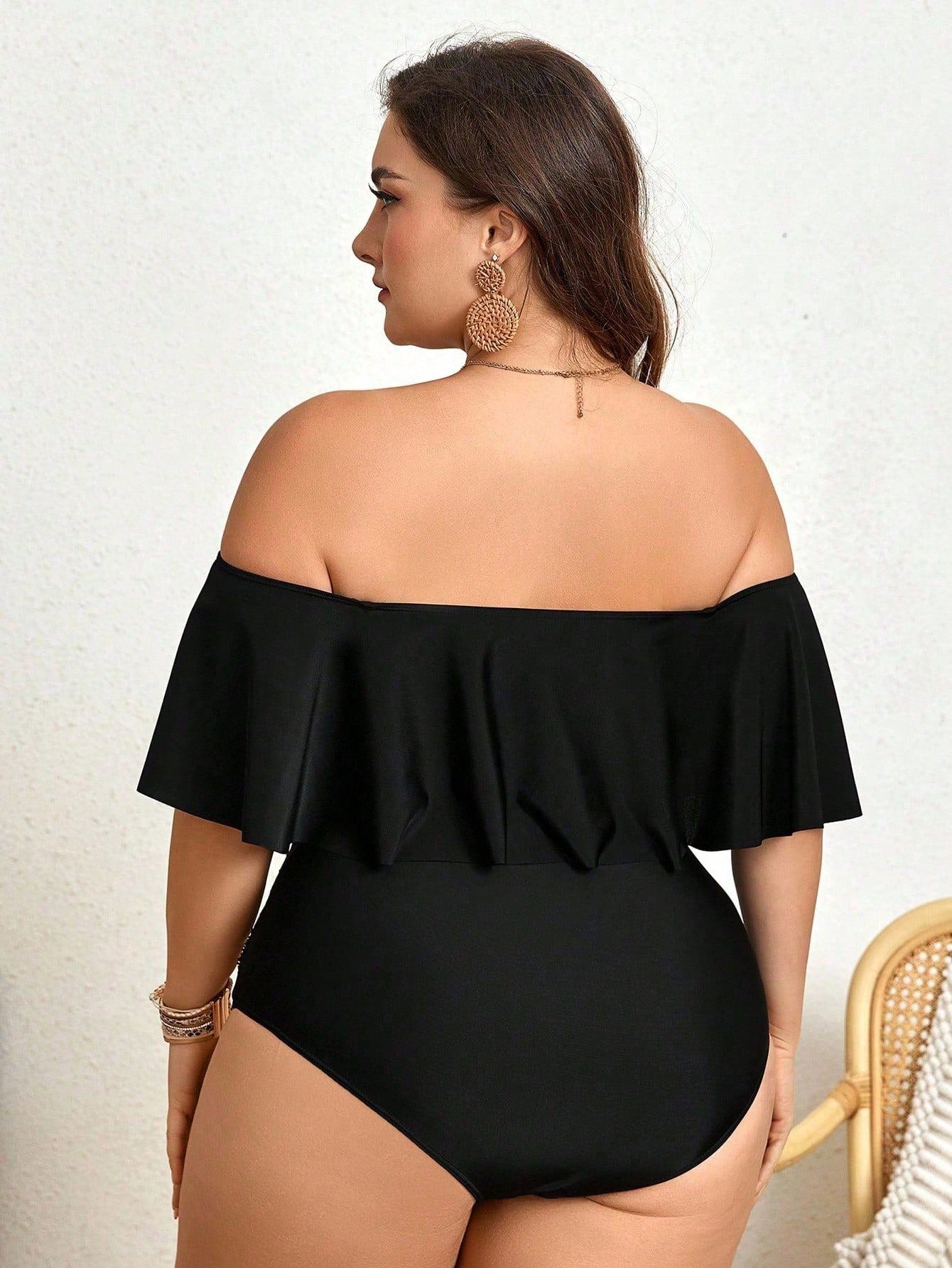 Swim Lushoire Summer Beach Plus Size Women's Holiday Off-The-Shoulder Ruffle Edge Bikini Set