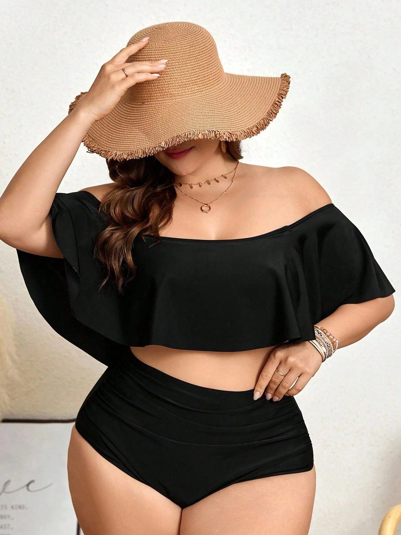 Swim Lushoire Summer Beach Plus Size Women's Holiday Off-The-Shoulder Ruffle Edge Bikini Set