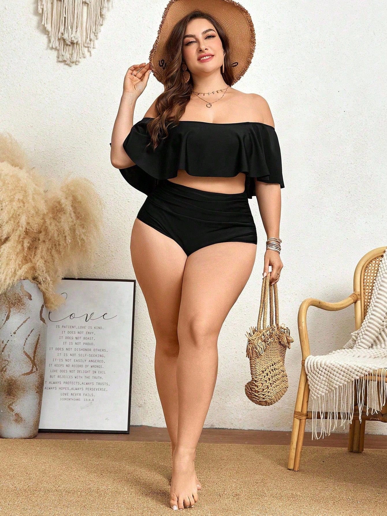 Swim Lushoire Summer Beach Plus Size Women's Holiday Off-The-Shoulder Ruffle Edge Bikini Set