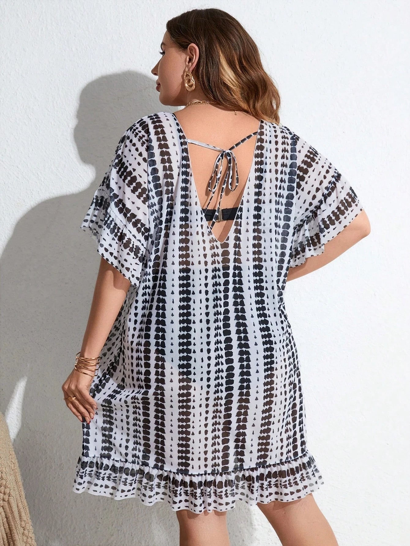 Swim Lushoire Summer Beach Plus Tie Dye Batwing Sleeve Ruffle Hem Cover Up Dress