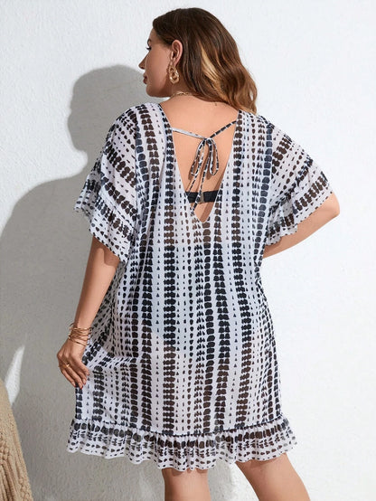 Swim Lushoire Summer Beach Plus Tie Dye Batwing Sleeve Ruffle Hem Cover Up Dress