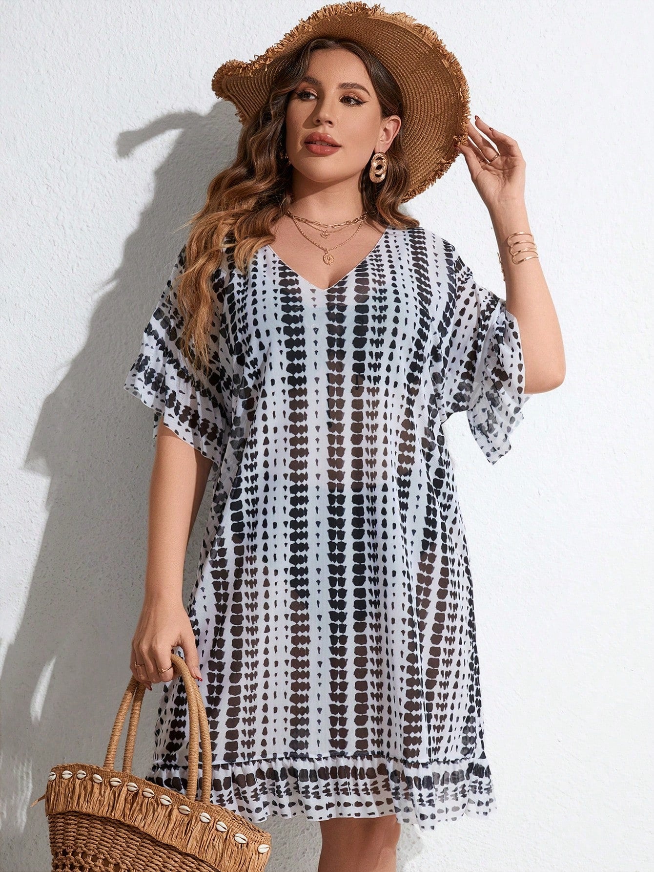 Swim Lushoire Summer Beach Plus Tie Dye Batwing Sleeve Ruffle Hem Cover Up Dress