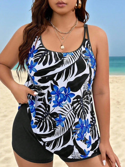 Swim Lushoire Summer Beach Plus Tropical Print Shorts Dress Swimsuit