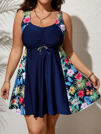 Swim Lushoire Summer Beach Plus Tropical Print Tankini Set Drawstring Front Ruched Bust Swim Cami Dress & High Waisted Bottom 2 Piece Bathing Suit