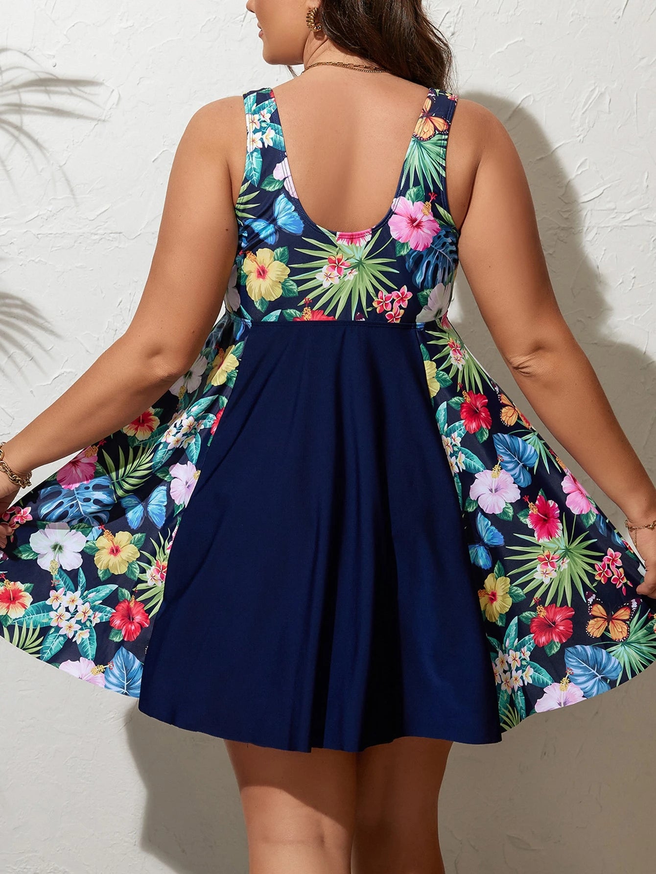 Swim Lushoire Summer Beach Plus Tropical Print Tankini Set Drawstring Front Ruched Bust Swim Cami Dress & High Waisted Bottom 2 Piece Bathing Suit