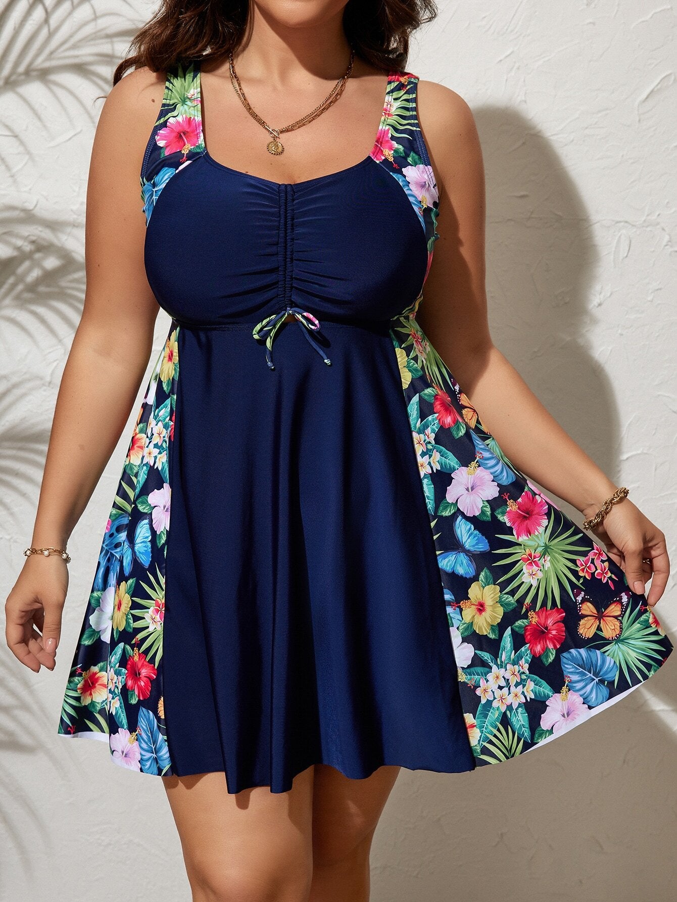 Swim Lushoire Summer Beach Plus Tropical Print Tankini Set Drawstring Front Ruched Bust Swim Cami Dress & High Waisted Bottom 2 Piece Bathing Suit