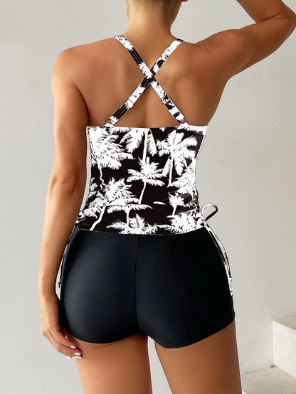 Swim Lushoire Summer Beach Women's Palm Tree Print Tank Bikini Top