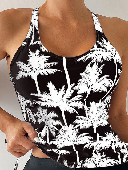 Swim Lushoire Summer Beach Women's Palm Tree Print Tank Bikini Top