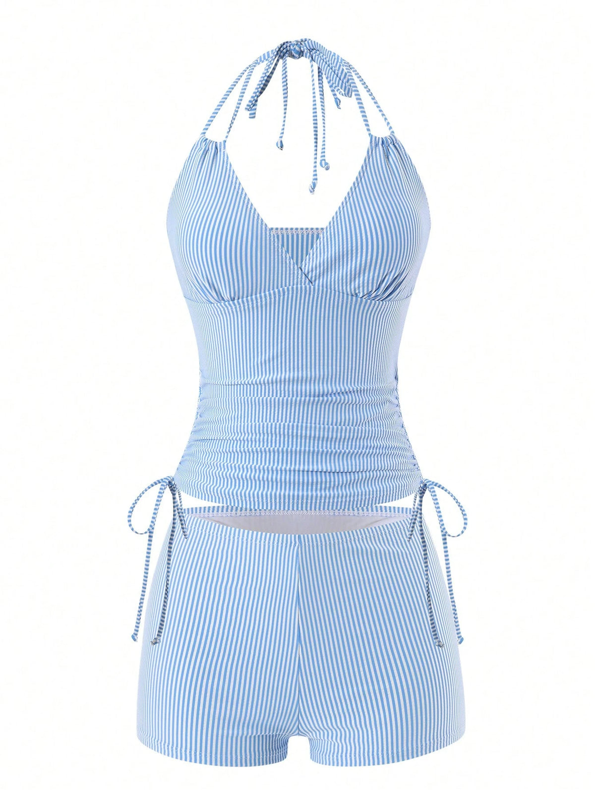Swim Lushoire Women Light Blue Striped Tankini Swimwear Set,Summer Coastal Holiday Pool Party 2-Piece Spaghetti Strap Camisole Top And Boxer Shorts Bikini,Holiday