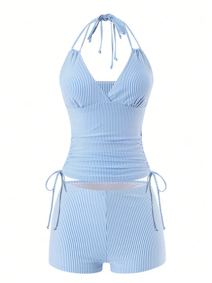 Swim Lushoire Women Light Blue Striped Tankini Swimwear Set,Summer Coastal Holiday Pool Party 2-Piece Spaghetti Strap Camisole Top And Boxer Shorts Bikini,Holiday