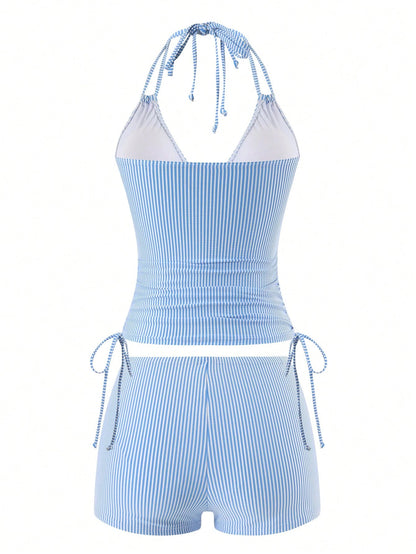 Swim Lushoire Women Light Blue Striped Tankini Swimwear Set,Summer Coastal Holiday Pool Party 2-Piece Spaghetti Strap Camisole Top And Boxer Shorts Bikini,Holiday