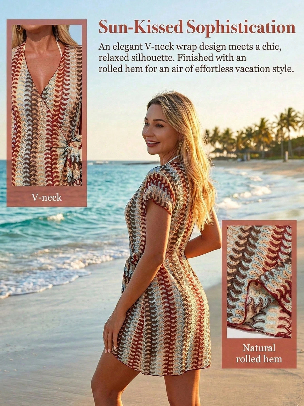 Swim Lushoire Women's Beige Summer Boho Beach Holiday Holiday Textured Fabric Floral Print V-Neck Tie Front Cover Up,Vintage Vacation Kimono Swimsuit Beachwear