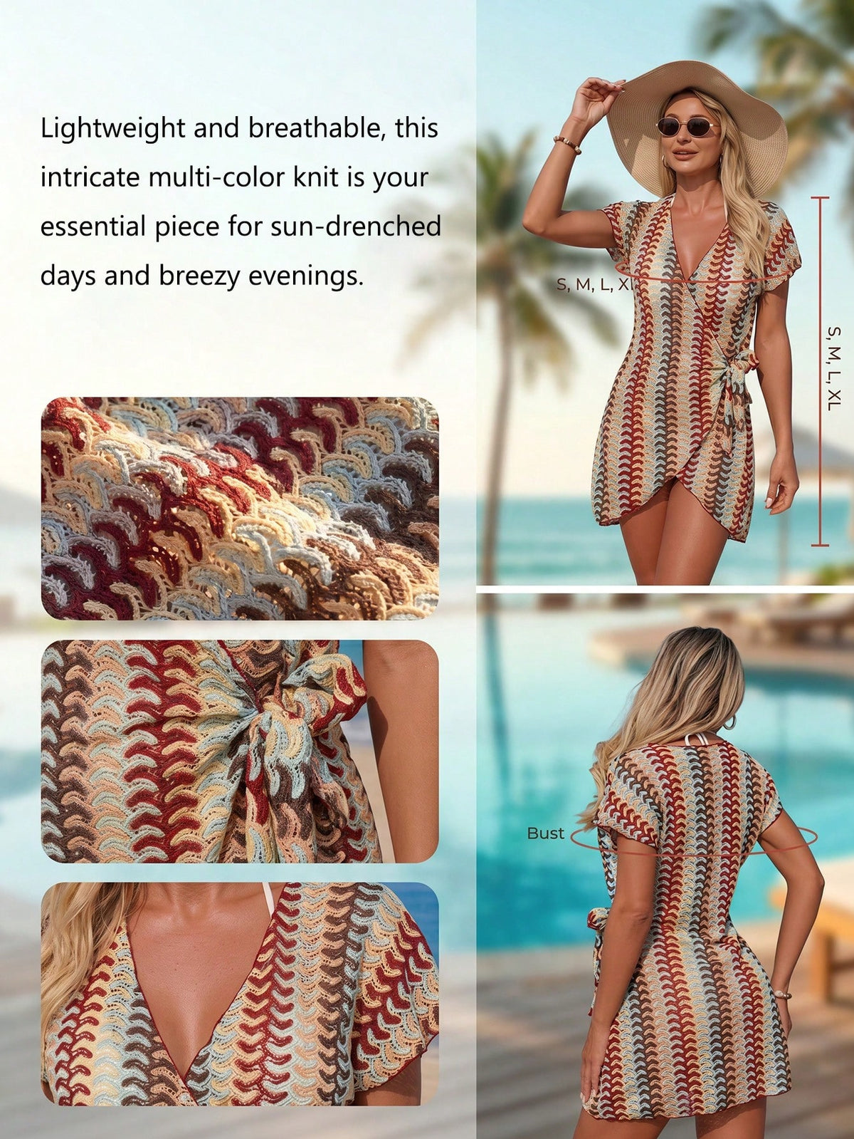Swim Lushoire Women's Beige Summer Boho Beach Holiday Holiday Textured Fabric Floral Print V-Neck Tie Front Cover Up,Vintage Vacation Kimono Swimsuit Beachwear