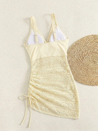 Swim Lushoire Women's Mature Black Lace Hollow V-Neck Drawstring Swim Dress, Flattering And Slimming, Elegant And Charming, High-End Fashion Swimwear For Beach Vacation